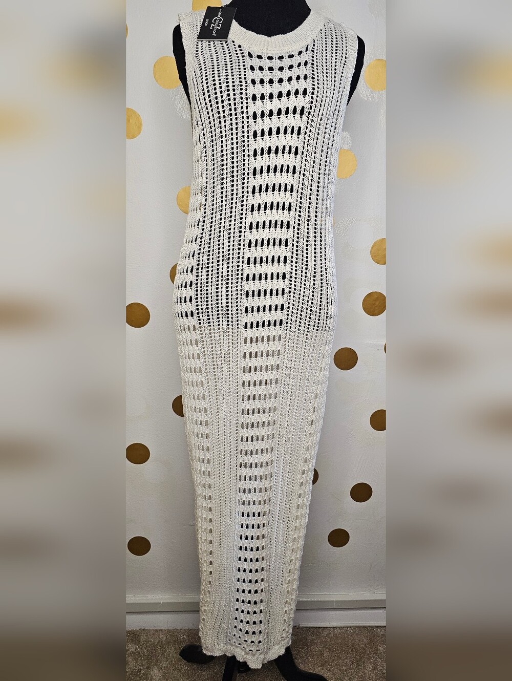 Crochet Maxi Dress - White Sleeveless Knit Cover-Up - Size: Medium